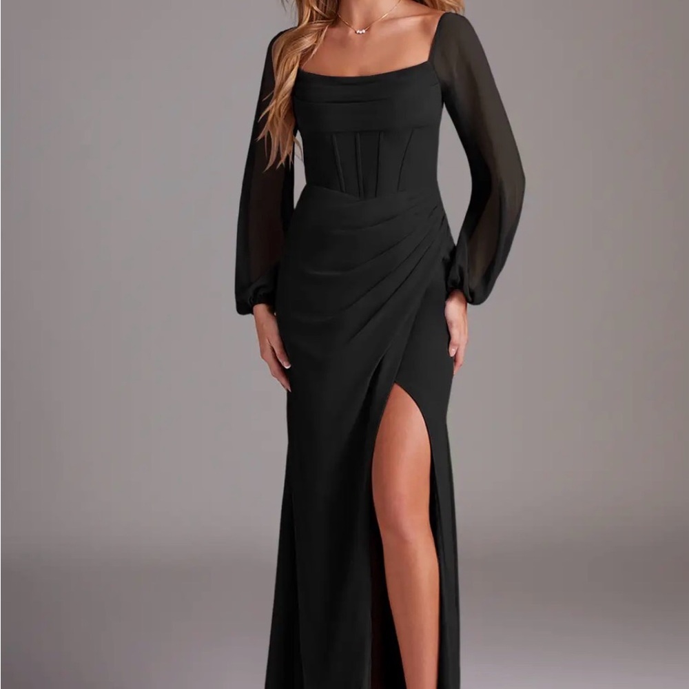 Azazie Black Square-Neck Long Sleeve Evening Gown